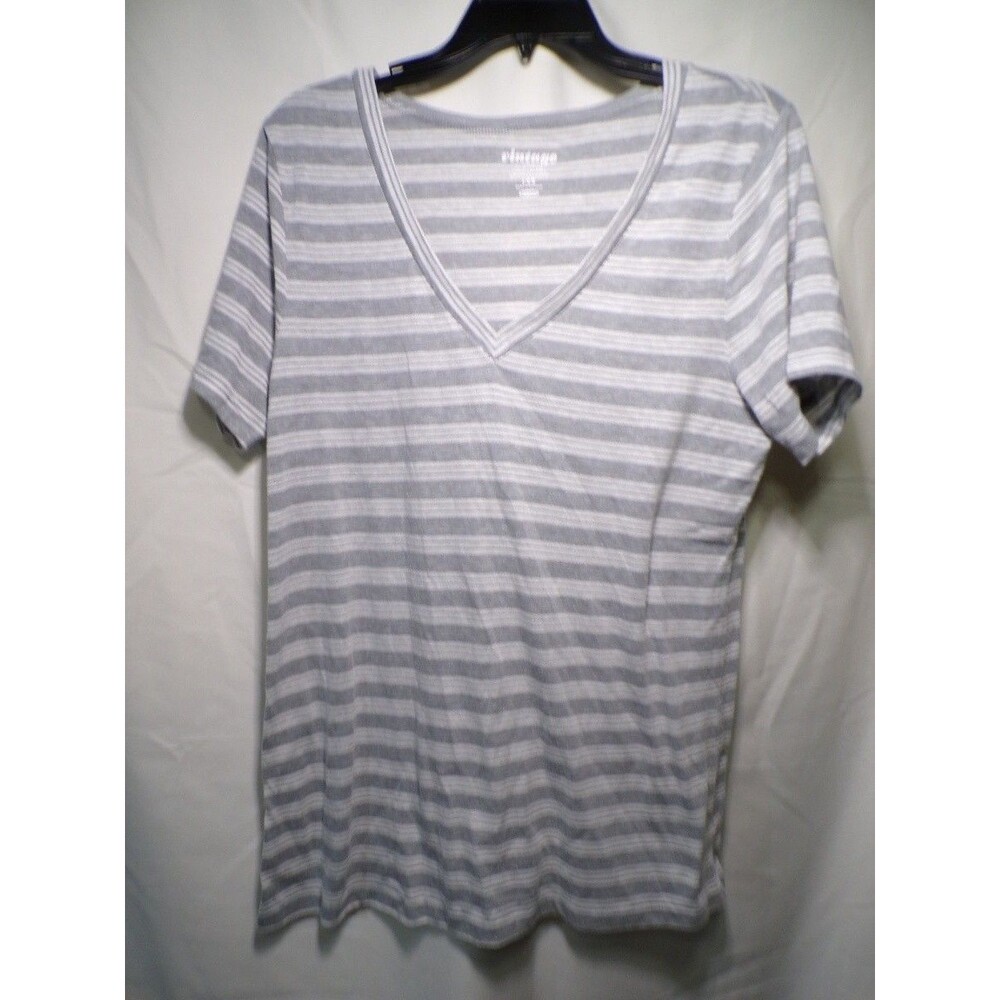Old Navy Women's Large Gray White Striped V Neck T Shirt Short Sleeve